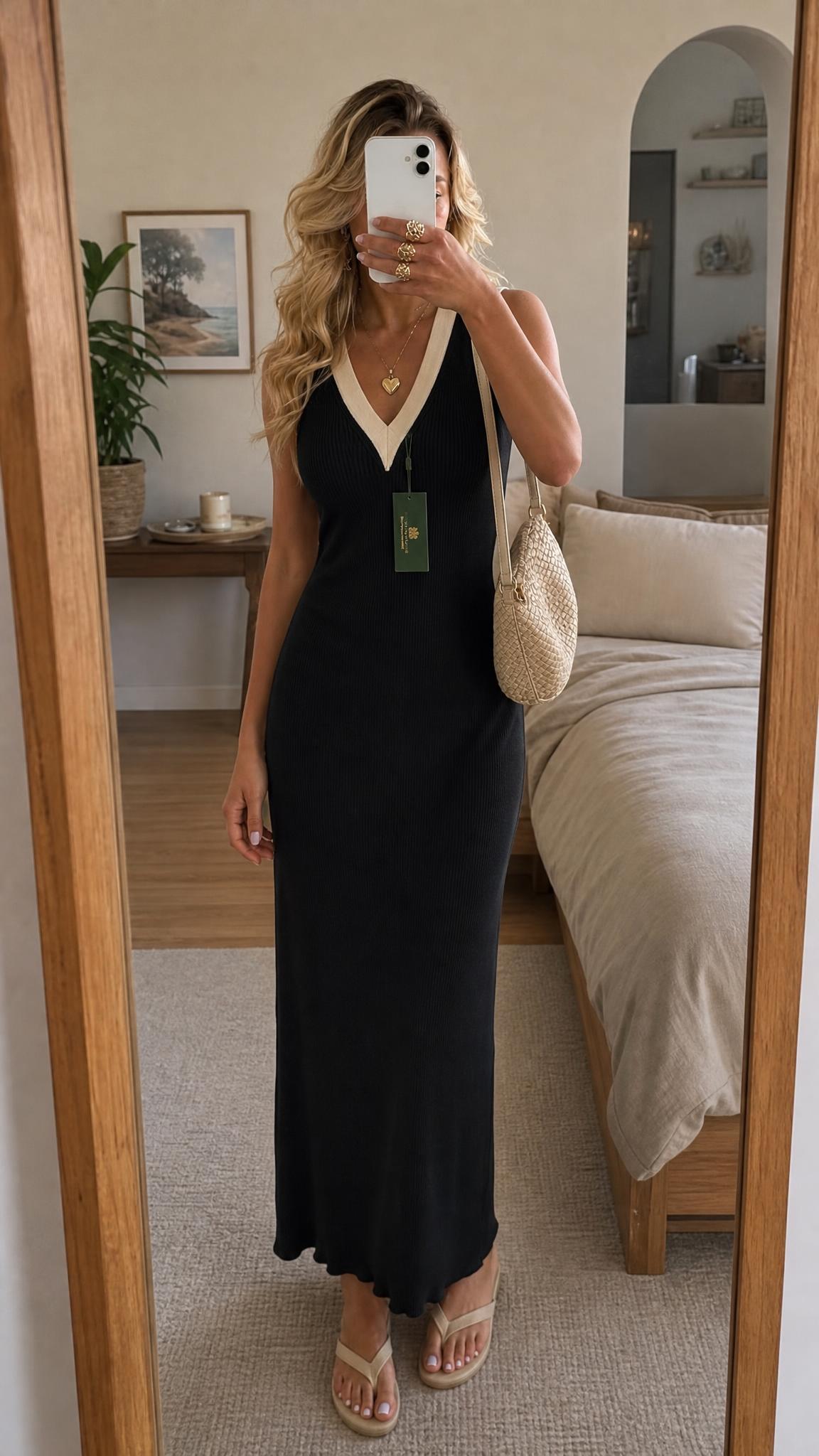 Holland Cooper Black Ribbed Maxi Dress with Contrast Trim NWT