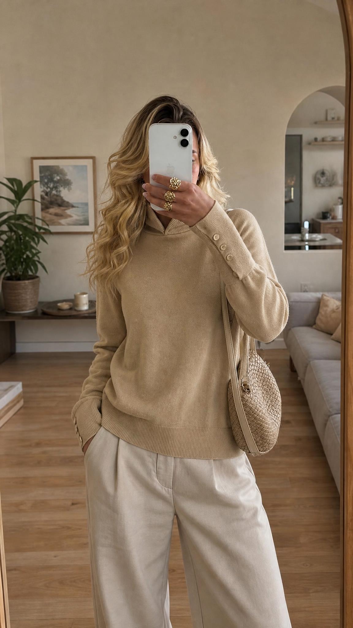 Beige fine-knit funnel neck jumper with tags