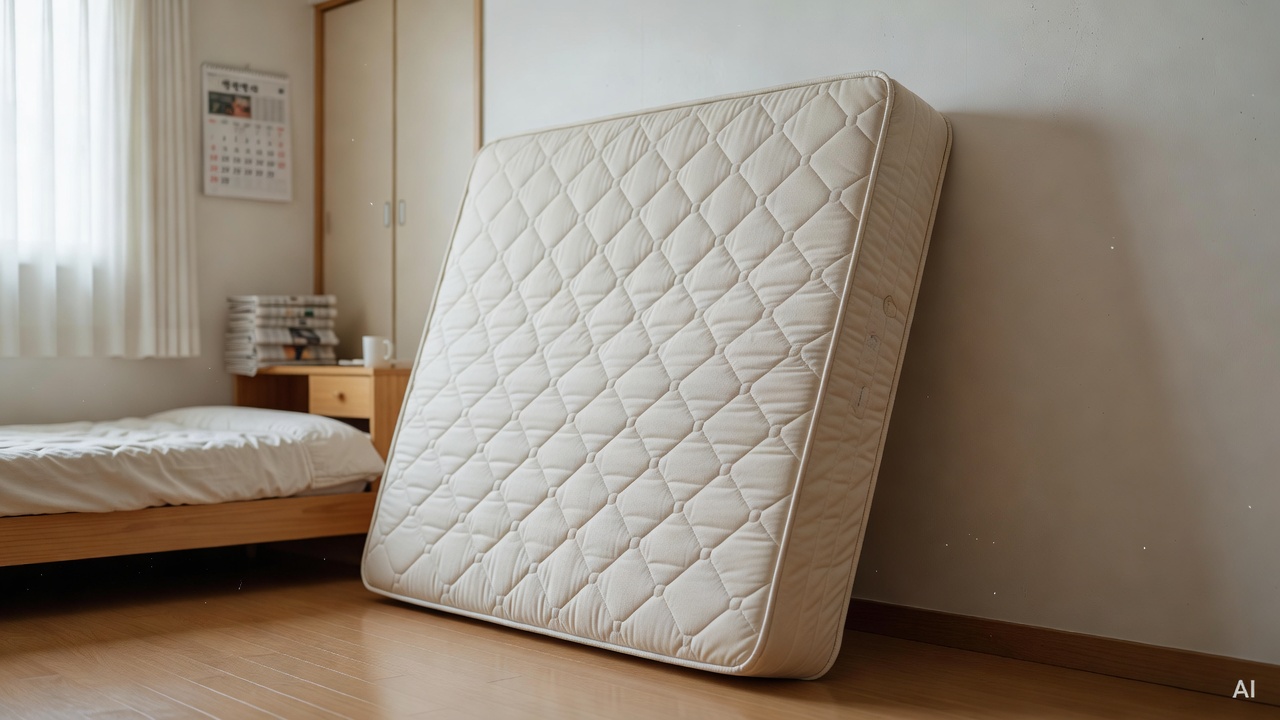 a mattress standing upright against a bright wall in a clean bedroom for ventilation