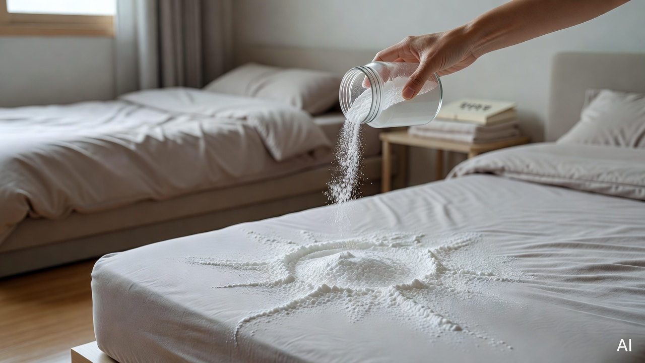 baking soda being sprinkled on a mattress surface in a tidy bedroom