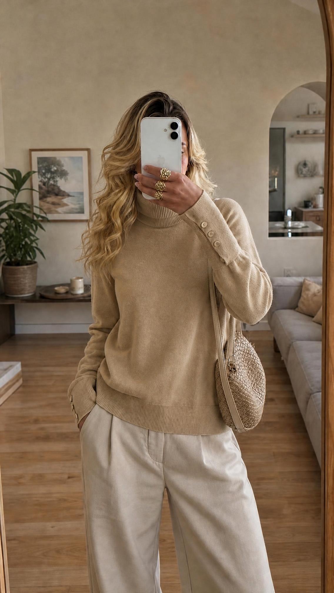 Beige fine-knit jumper with button cuffs – relaxed fit