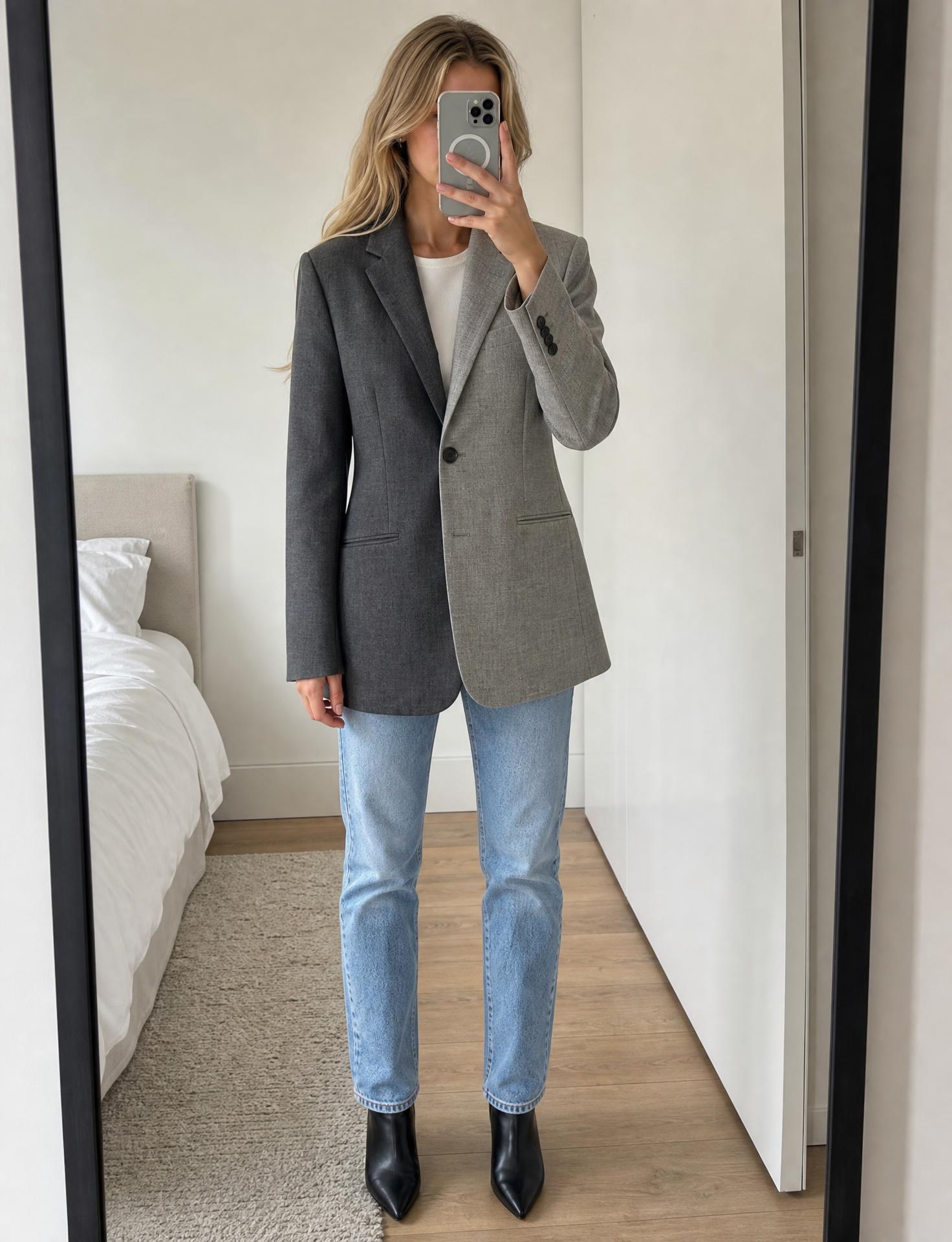 Two-Tone Grey Tailored Blazer with Notched Lapels