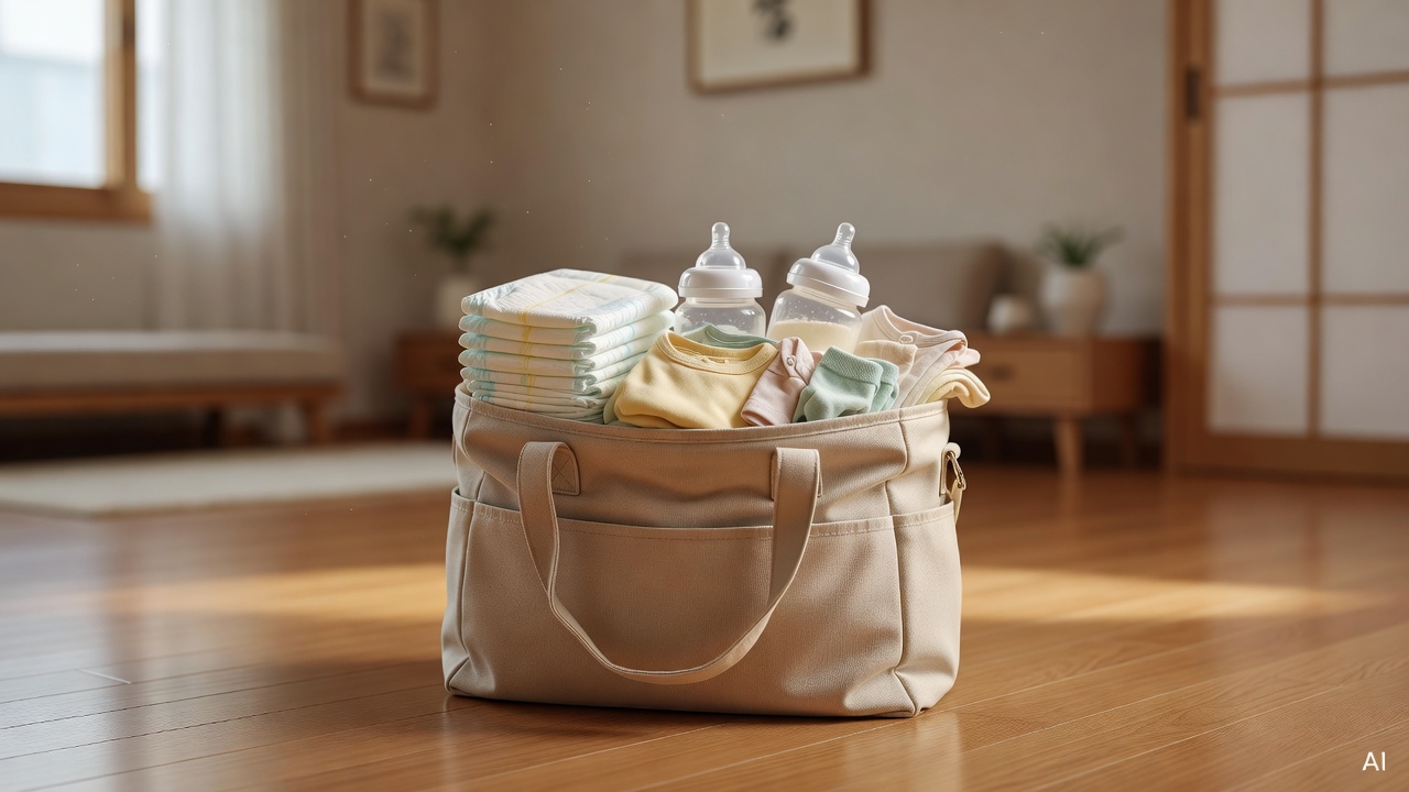 baby bag packed with diapers, bottles, and folded baby clothes on a wooden floor