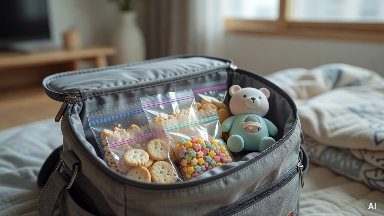 small ziplock bags with baby snacks and a baby toy placed inside a diaper bag