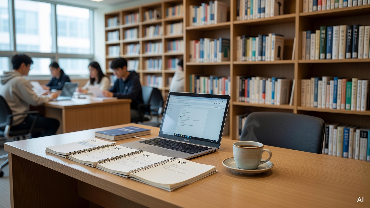 laptop open on a university library desk with notebooks and a coffee cup nearby