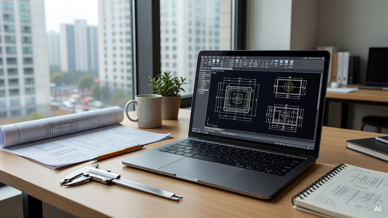 laptop screen displaying a CAD design interface on a desk with engineering tools