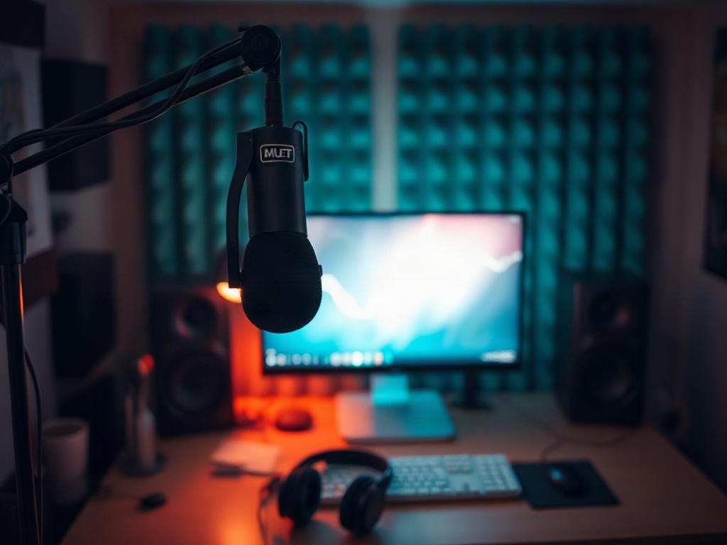 A broadcast microphone on a boom arm in a dim home recording space with teal and amber lighting