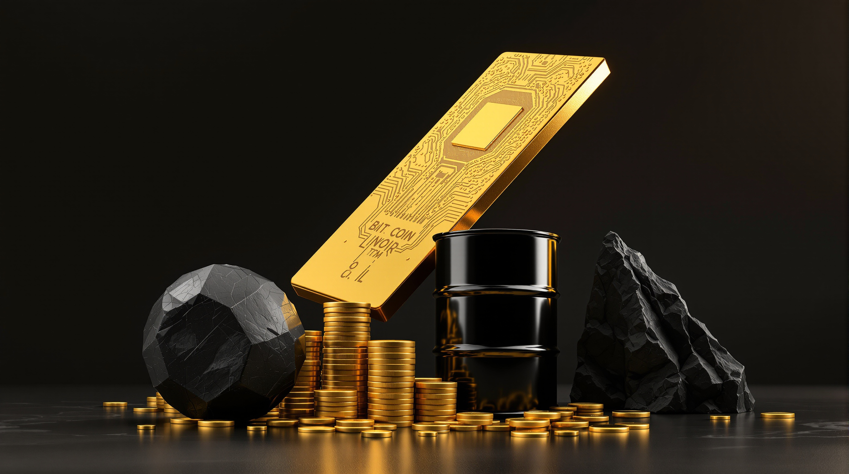 triadic still-life tableau: matte black iron weight, polished gold semiconductor slab with stacked gold coins (digital circuit texture, no symbols), a — editorial cover artwork for the Knightron story on Stocks Diverge On Firm Inflation Data As Tech Outperforms, O