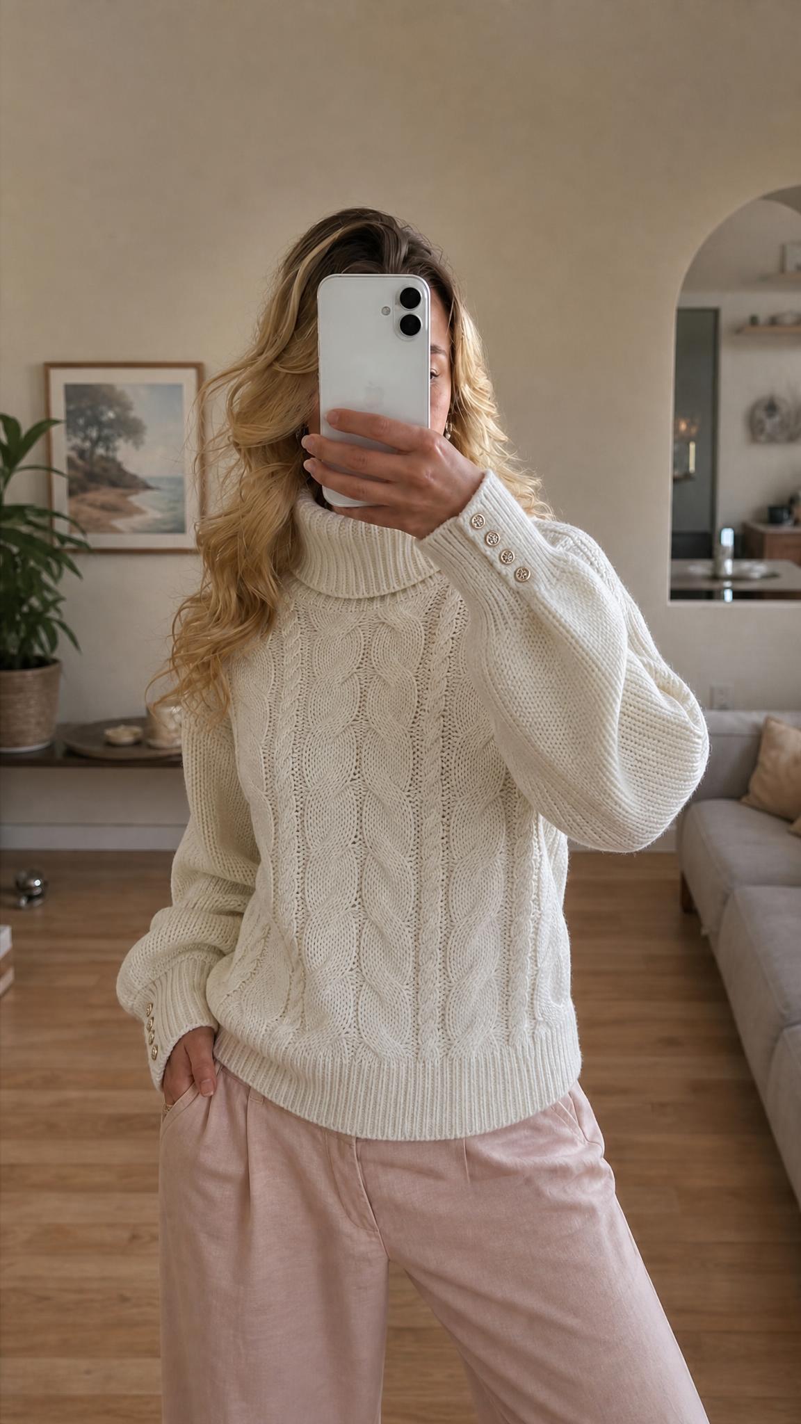Cream Cable Knit Roll Neck Jumper with Button Cuffs - New
