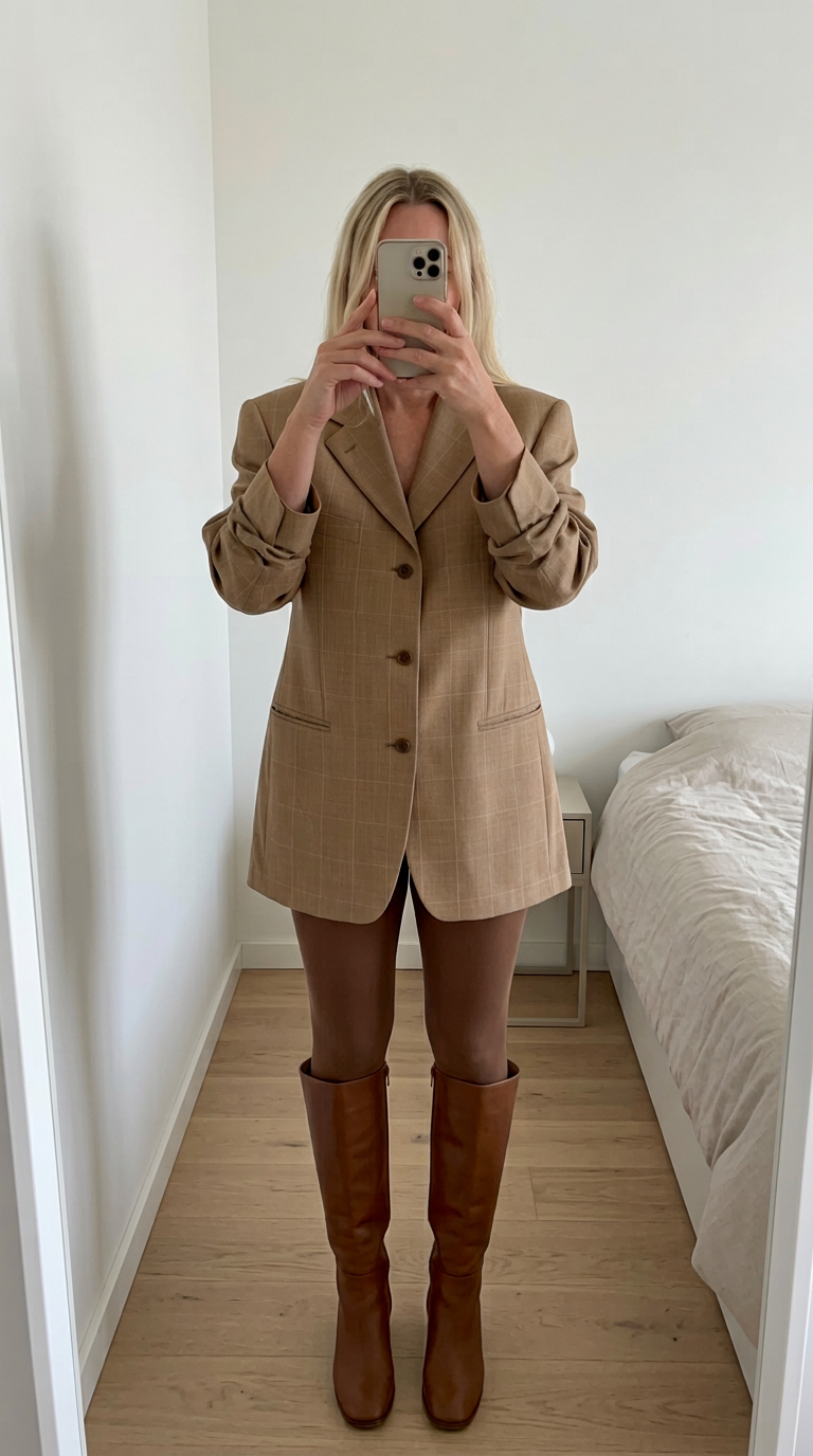 Camel Beige Checked Oversized Blazer with Rolled Cuffs