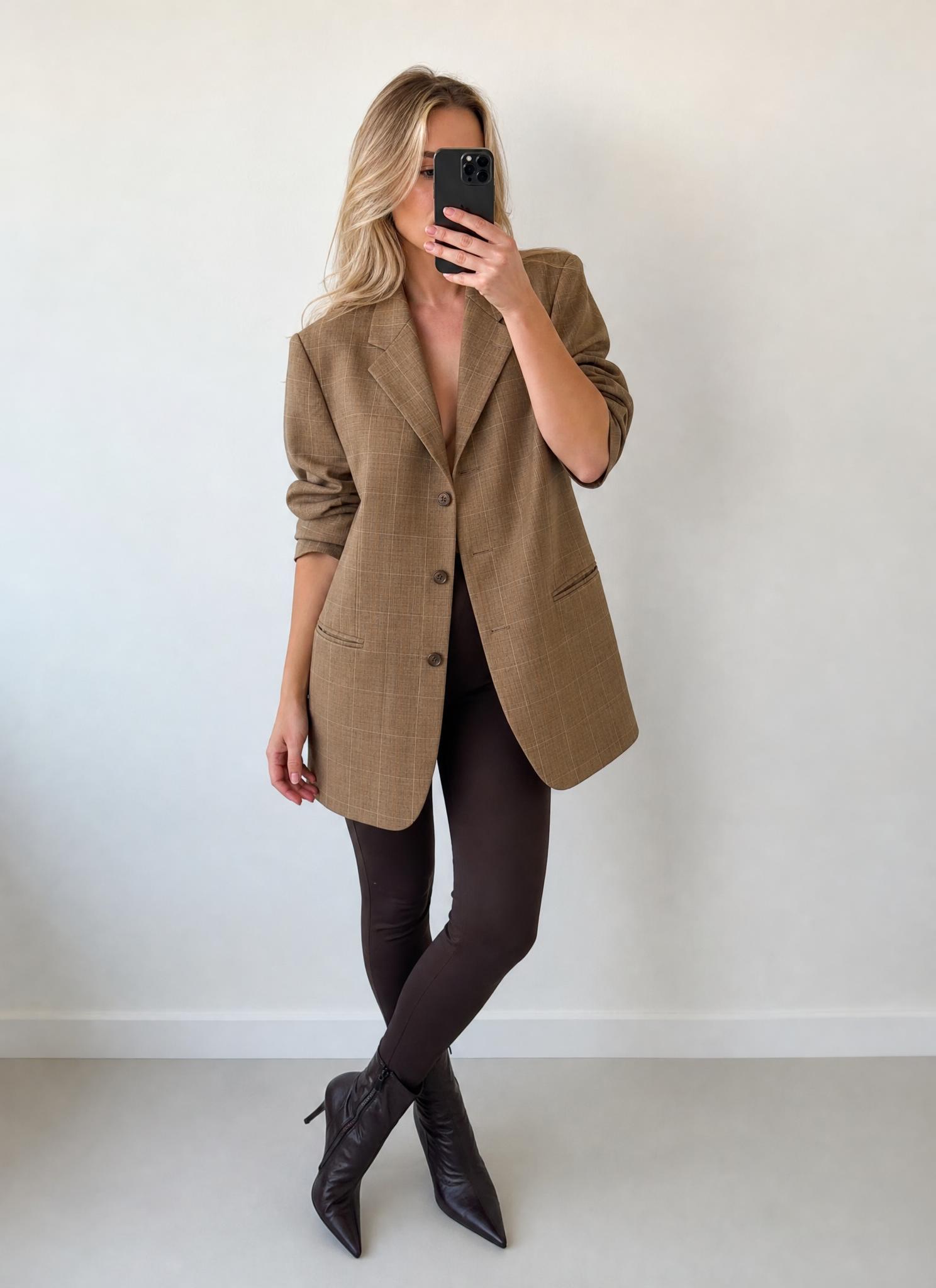 Camel Checked Tailored Blazer Dress with Button Front