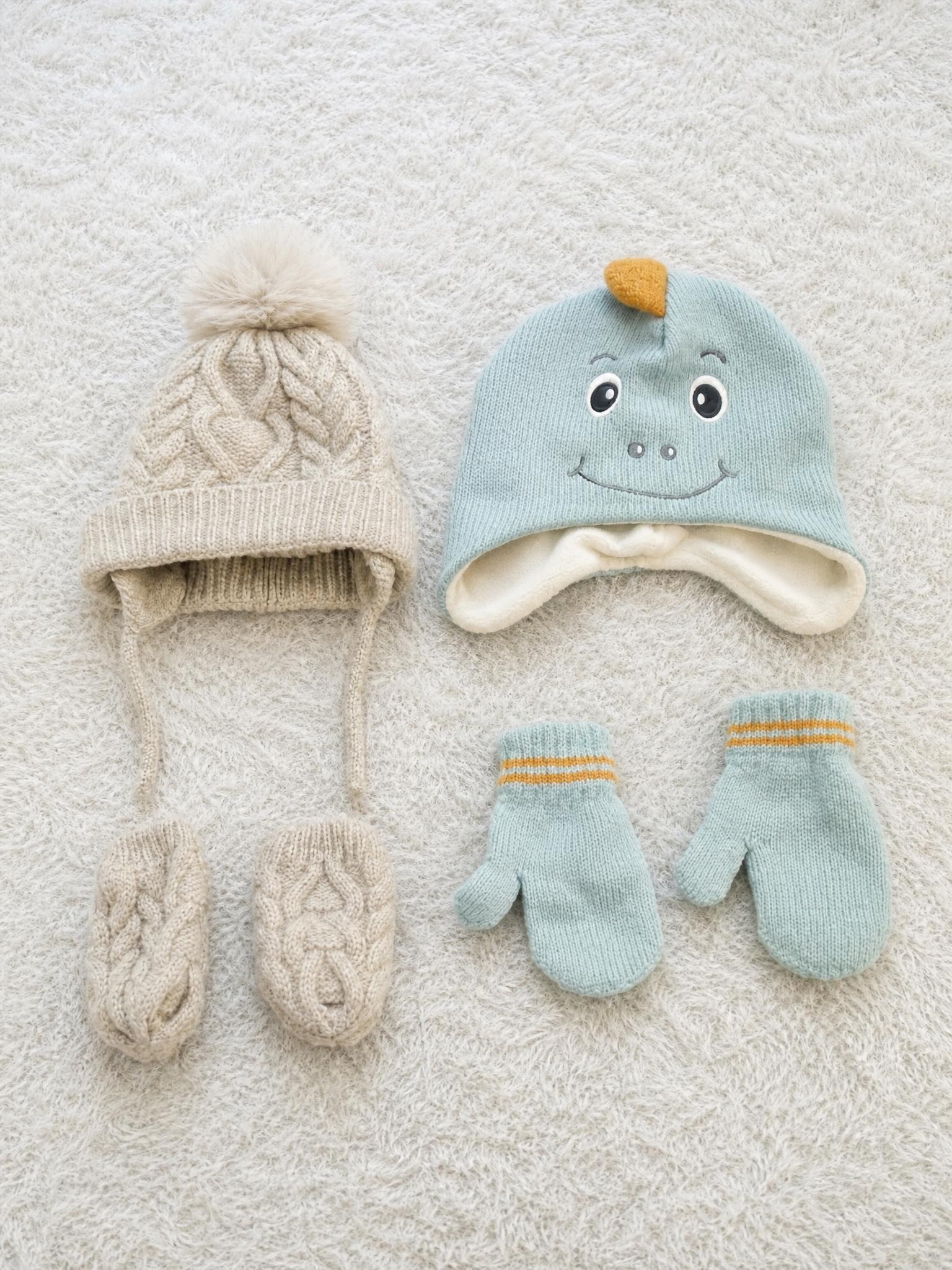 Kids Winter Hat & Mittens Bundle Cream + Mint Character Set