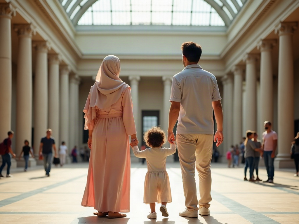 Family of four, a father, mother, son, and daughter, walking hand-in-hand through a vibrant city street lined with historic buildings and bustling activity, all smiling and looking engaged. The image suggests a joyful urban family vacation.