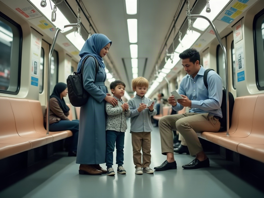 A family, parents and children, actively engaged with an interactive science exhibit at a modern science center, demonstrating hands-on learning during an urban family vacation.