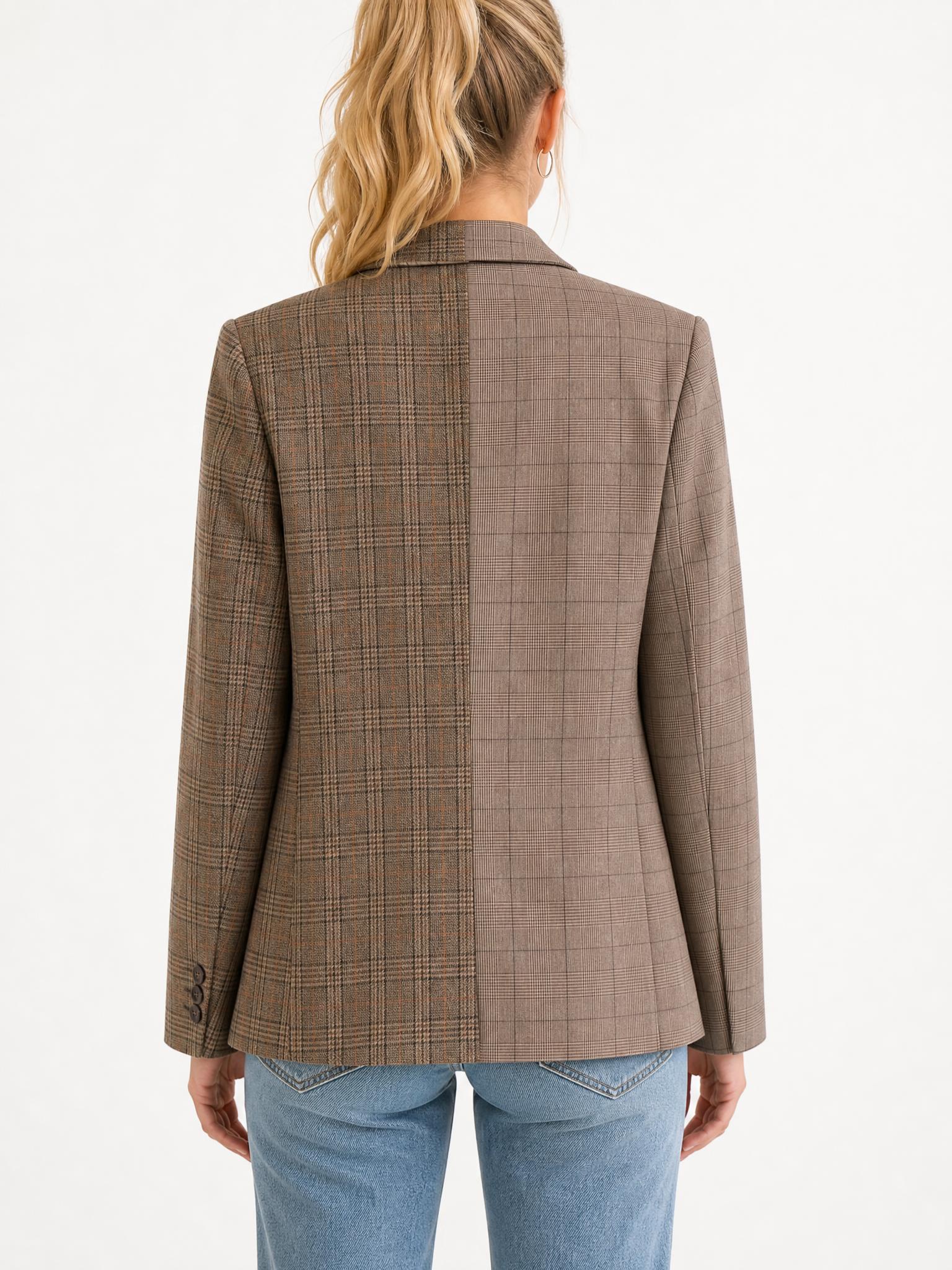 Patchwork plaid blazer in brown and taupe with button cuffs