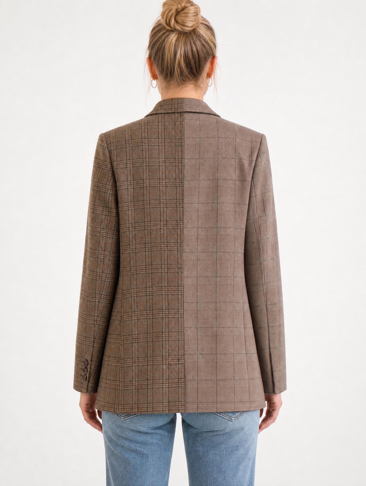 Two-Tone Plaid Tailored Blazer in Brown & Taupe