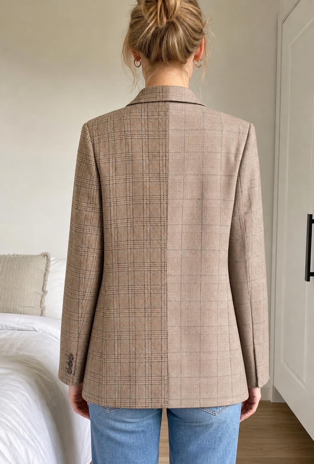 Brown Plaid Tailored Blazer with Contrasting Check Panels