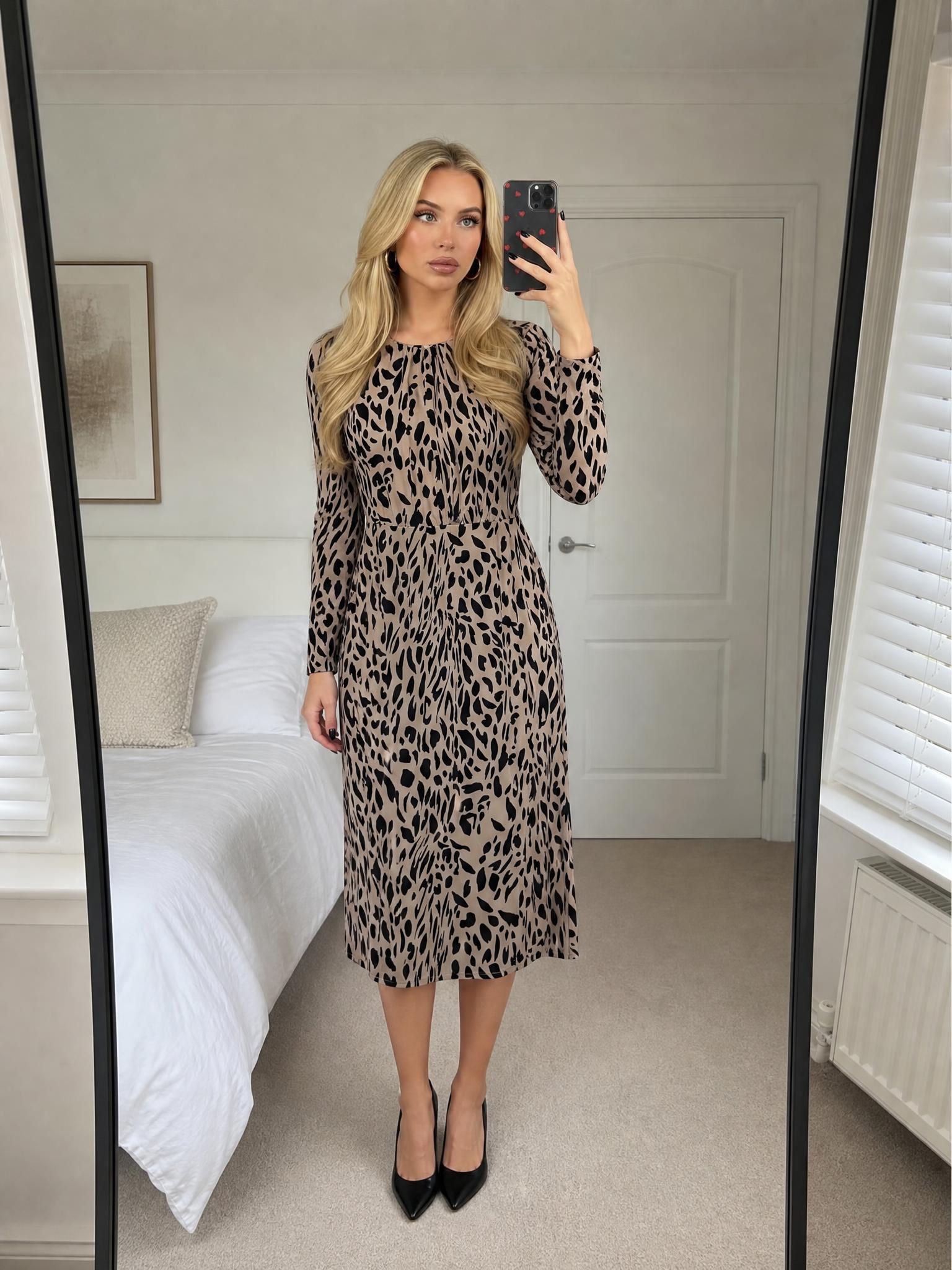 Abstract Animal Print Long Sleeve Midi Dress