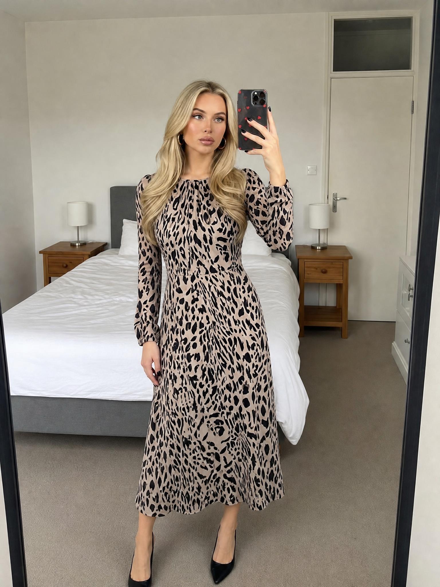 Abstract Animal Print Long Sleeve Midi Dress