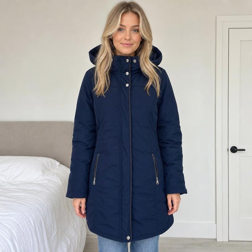 Navy padded hooded parka coat with zip pockets