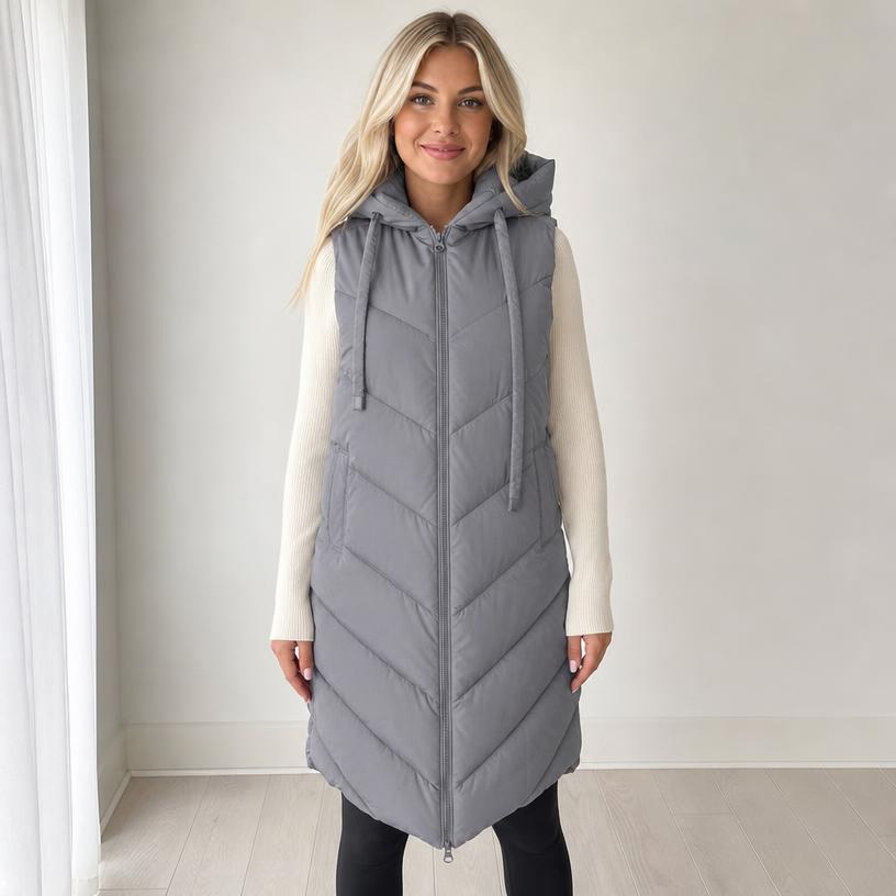 Grey Longline Quilted Hooded Puffer Gilet