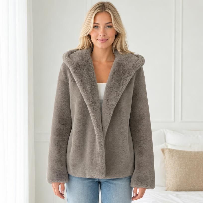 Taupe Faux Fur Hooded Jacket – Soft Cropped Fit