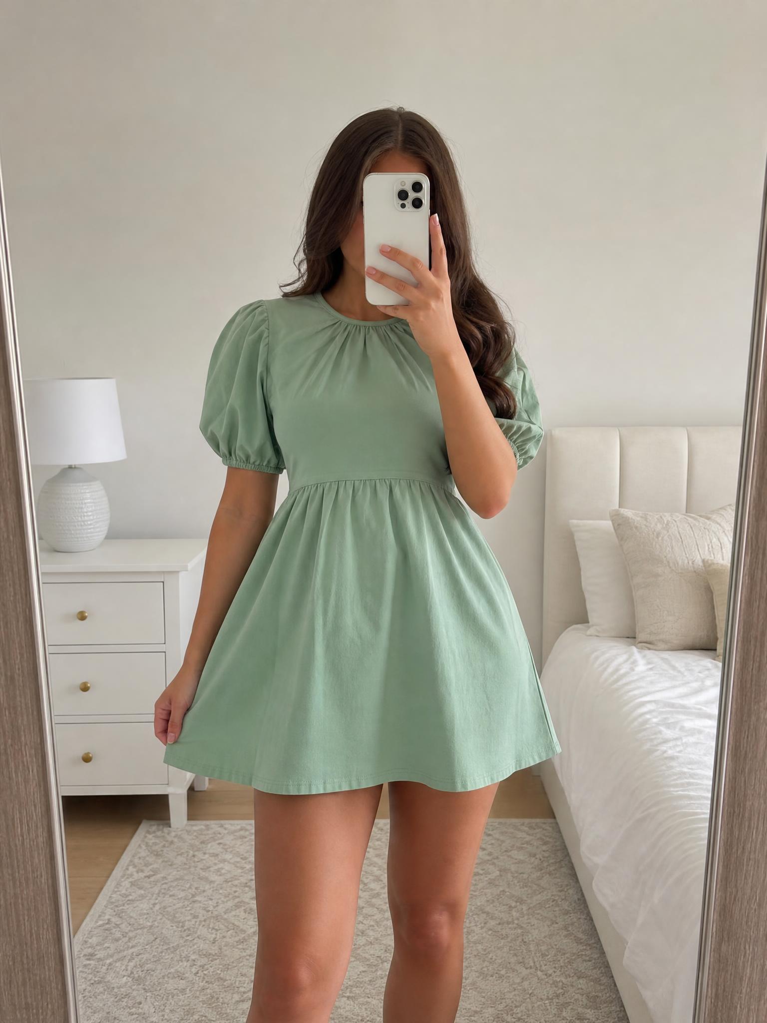 Mint Green Puff Sleeve Flared Dress with Tags
