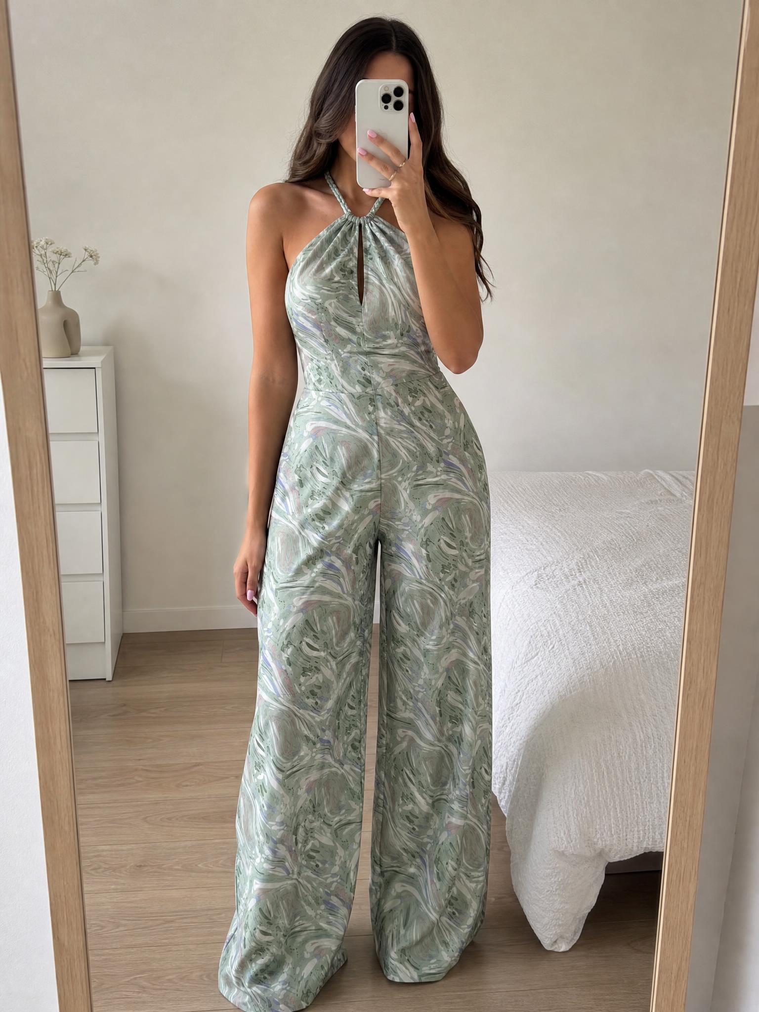 Abstract sage green wide-leg trousers with floral print - new
