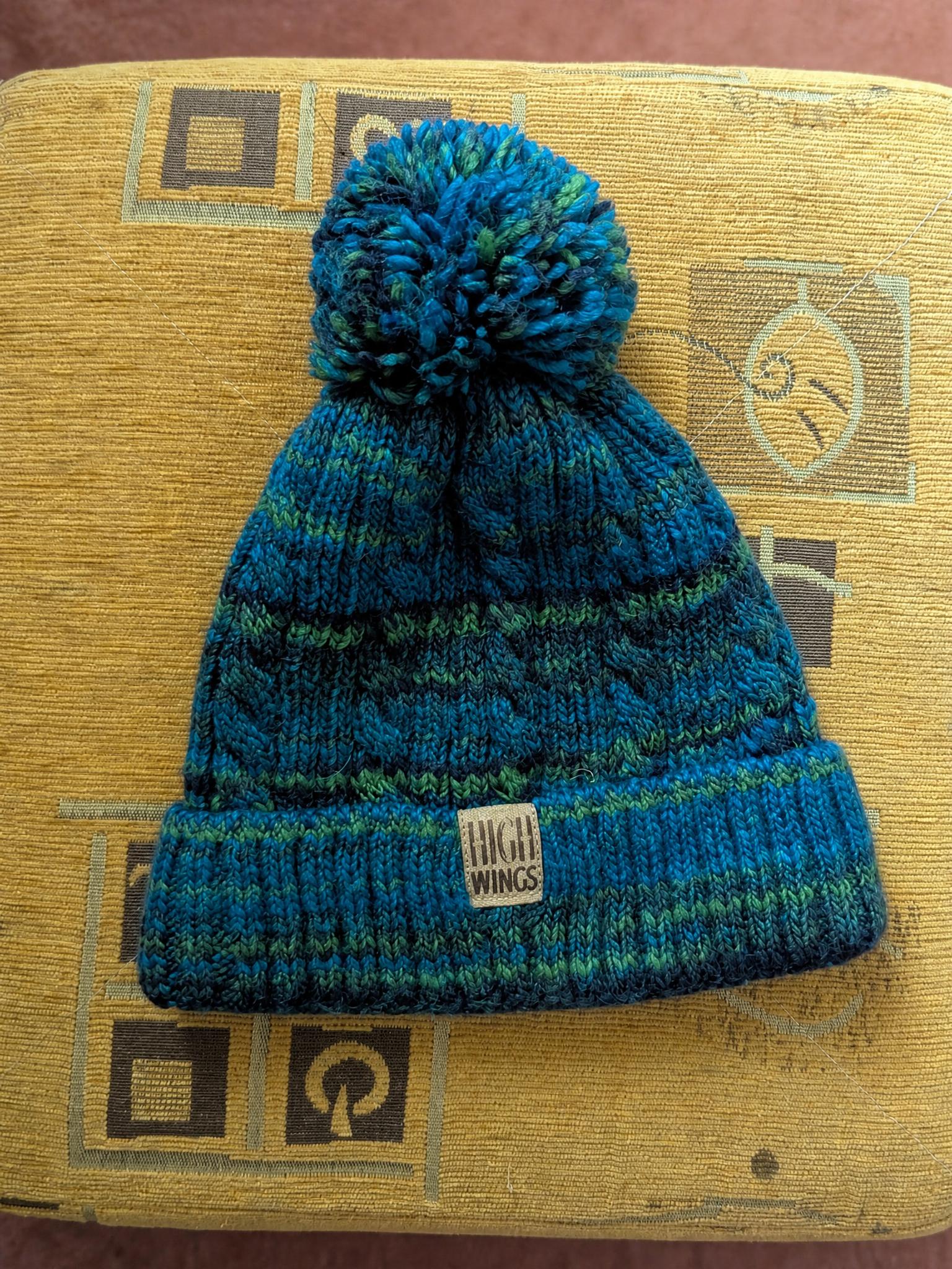 High Wings knitted pom-pom beanie in blue and teal