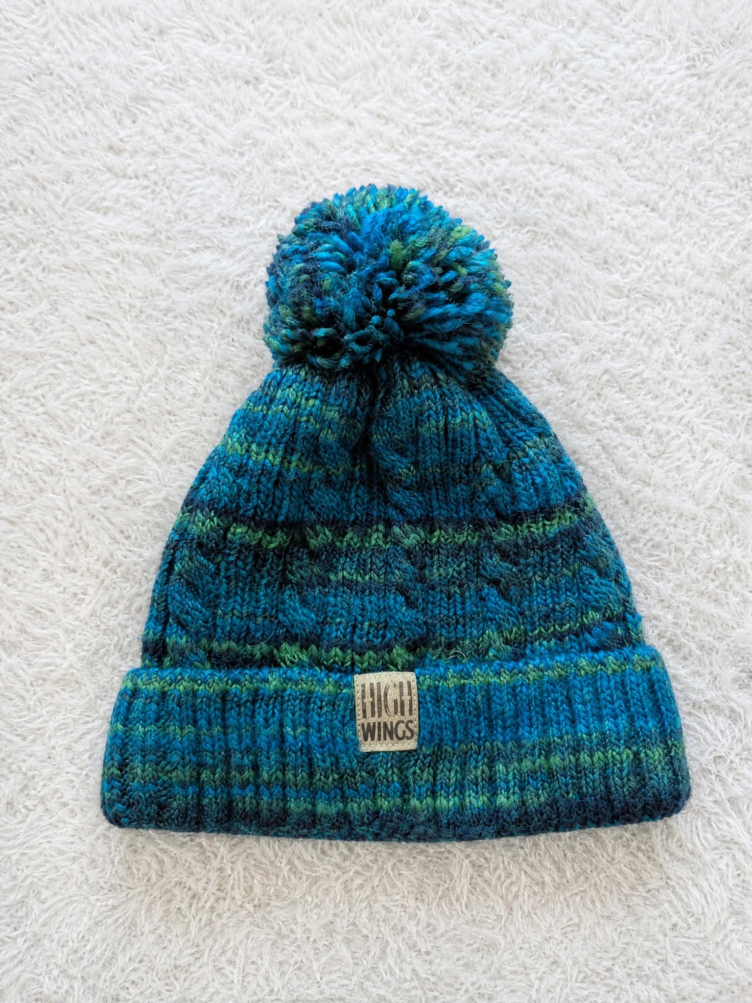 High Wings knitted pom-pom beanie blue green very good