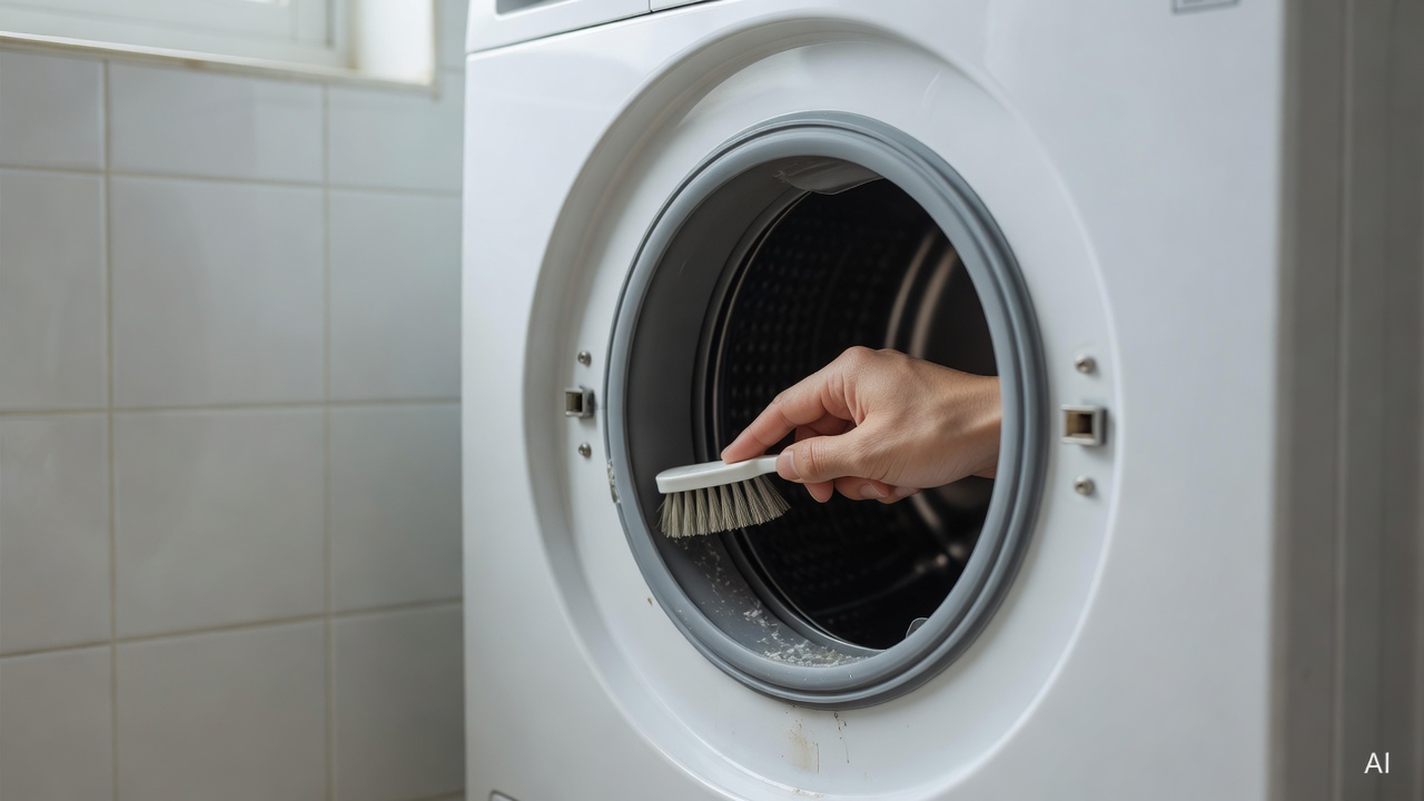 close-up of washing machine rubber door gasket being cleaned with a brush, white tile background