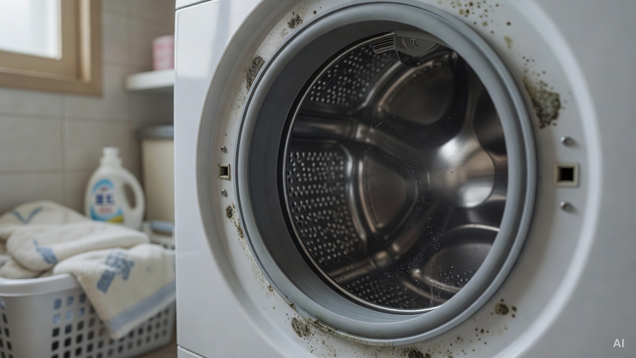 top-load washing machine drum interior with visible mold residue on rubber seal, laundry room background