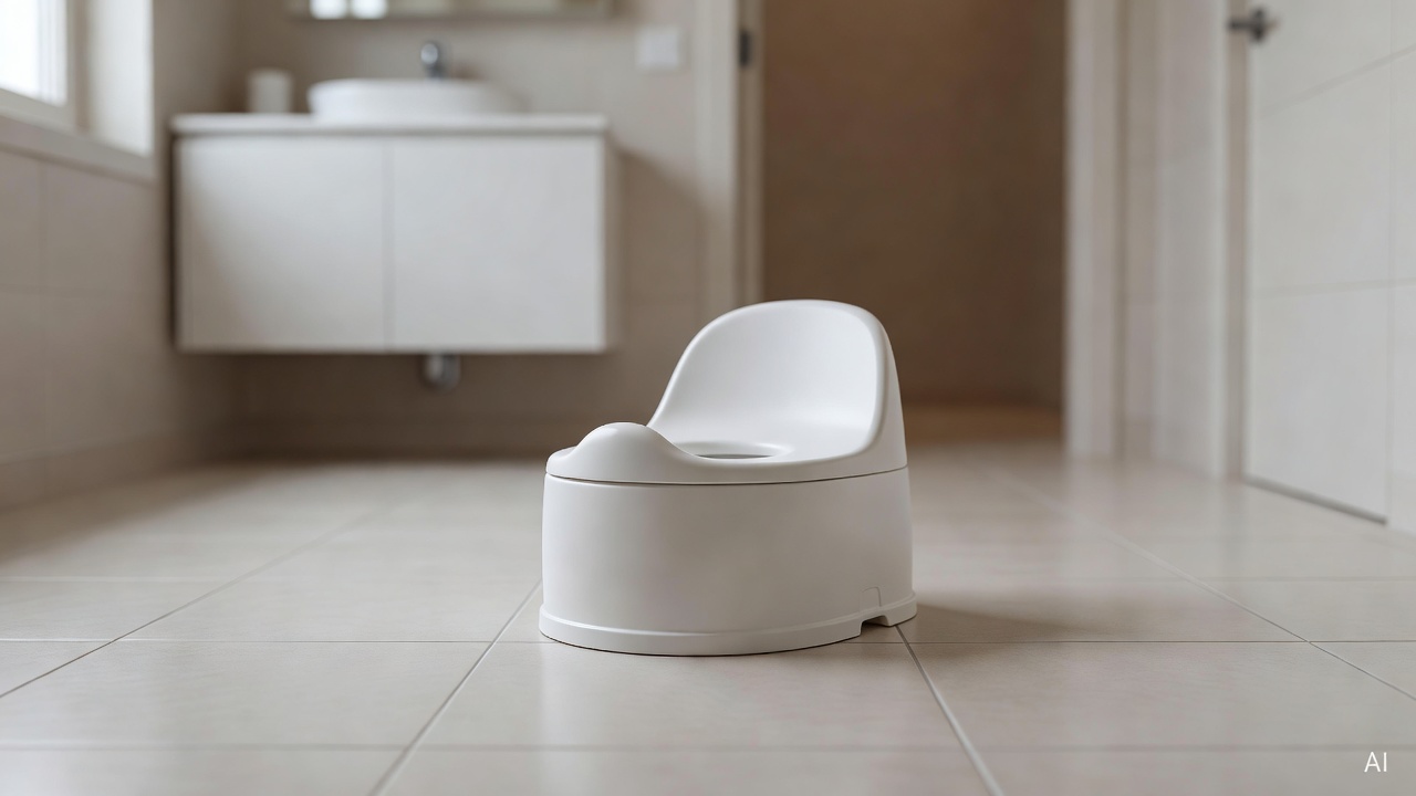small white children's potty chair placed on a light-colored bathroom tile floor