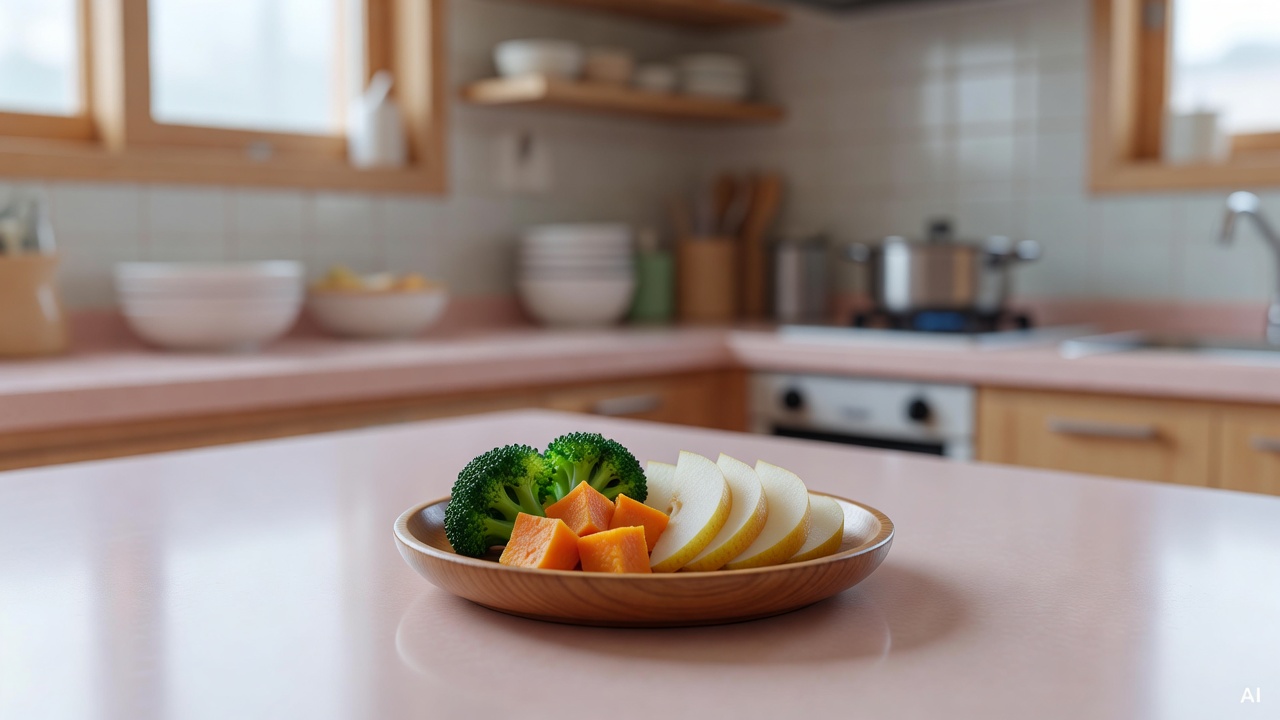 small wooden plate with steamed broccoli, sweet potato, and sliced pear on a pastel kitchen countertop