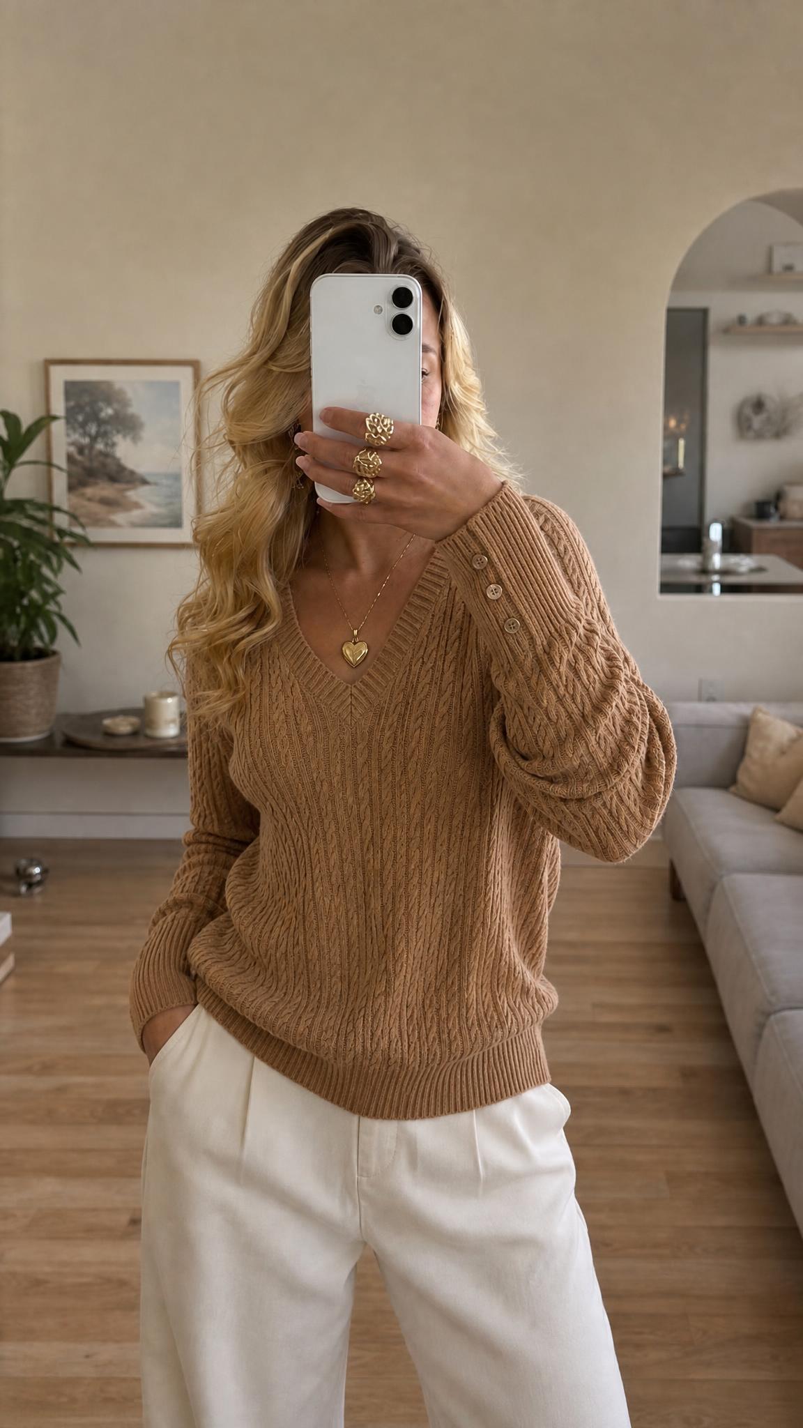 Holland Cooper Cable Knit V-Neck Jumper Camel M New