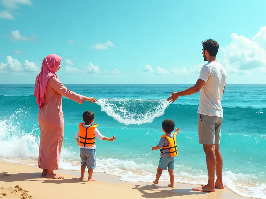 A collage of three distinct coastal environments: a tranquil sandy beach with calm waters, a dramatic cliffside coastline with rugged terrain, and a lush volcanic island with clear lagoons.