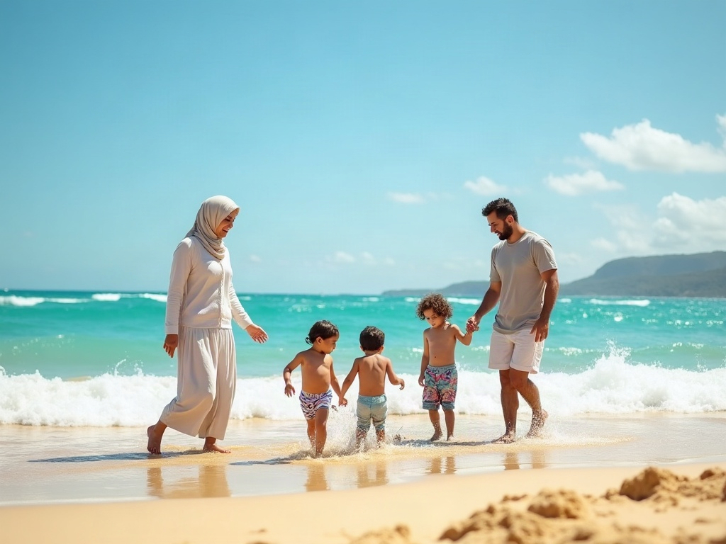 A family, father, mother, and two children, enjoying a sunny day on a pristine sandy beach with clear blue water and lush green hills in the background. The children are building a sandcastle while the parents watch, reflecting a serene and joyful family coastal vacation experience.