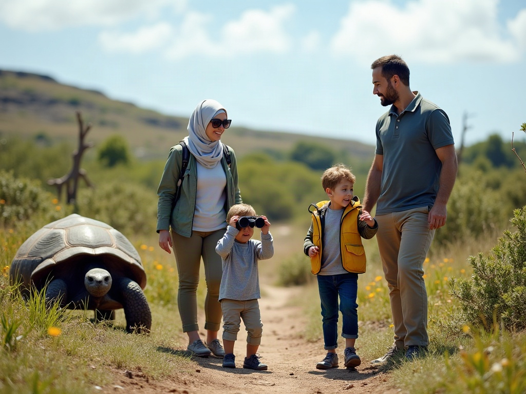 A collage featuring unique coastal experiences: giant tortoises in the Galápagos, gondolas in Venice, and a family zip-lining through a rainforest canopy near the Costa Rican coast.