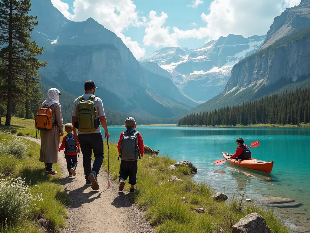 A family hiking through a scenic wilderness landscape, representing a top wilderness destination for family vacations.
