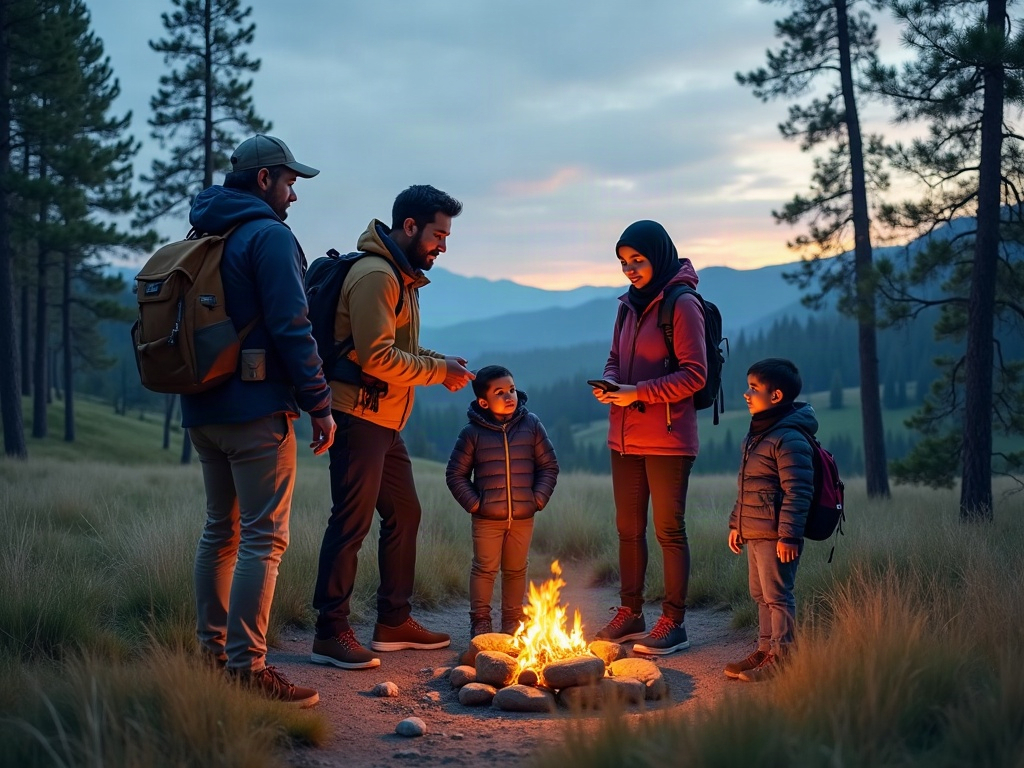A family enjoying a quiet moment together in a beautiful wilderness setting, symbolizing connection and shared experience.