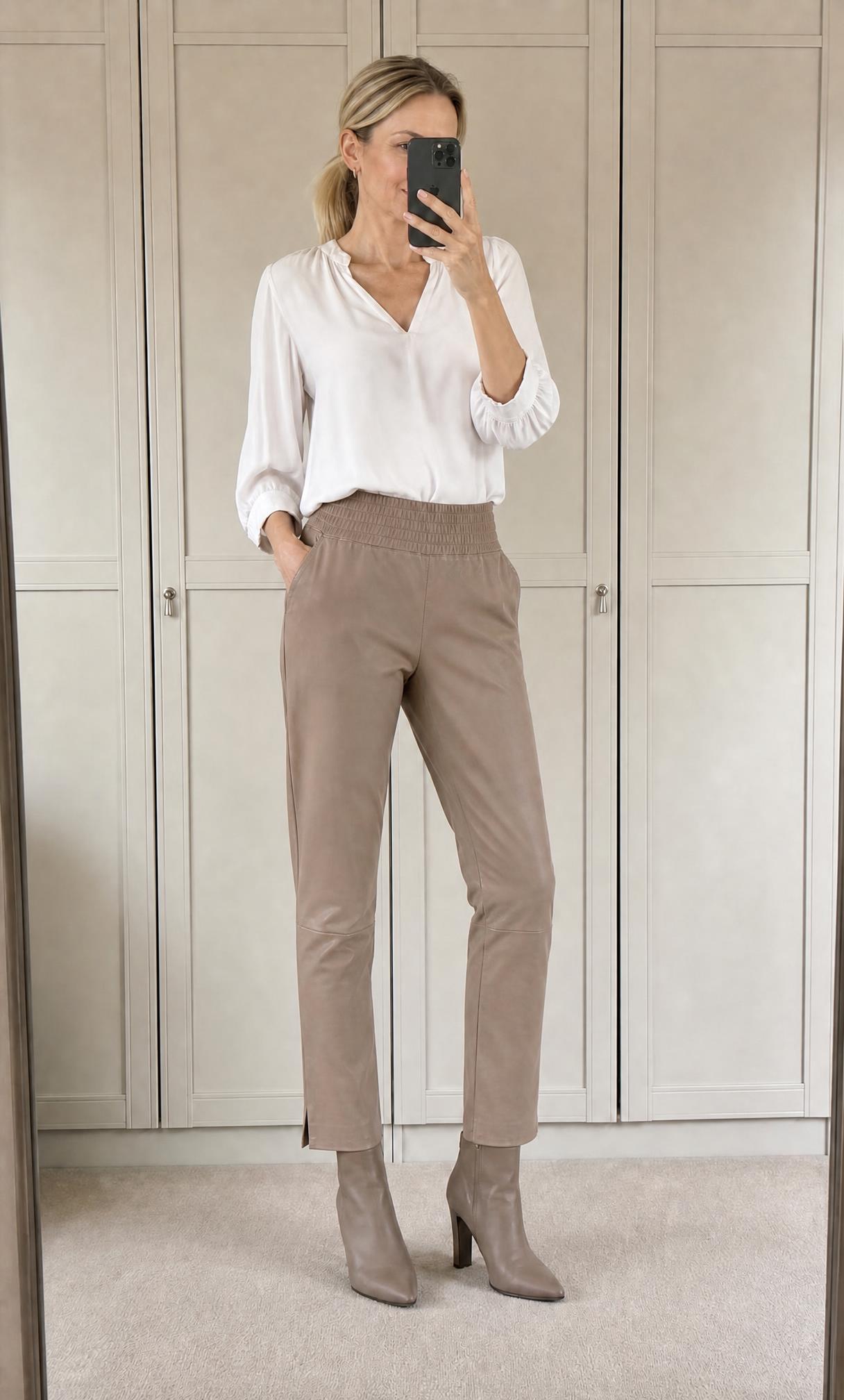 Taupe faux leather trousers with elasticated waist