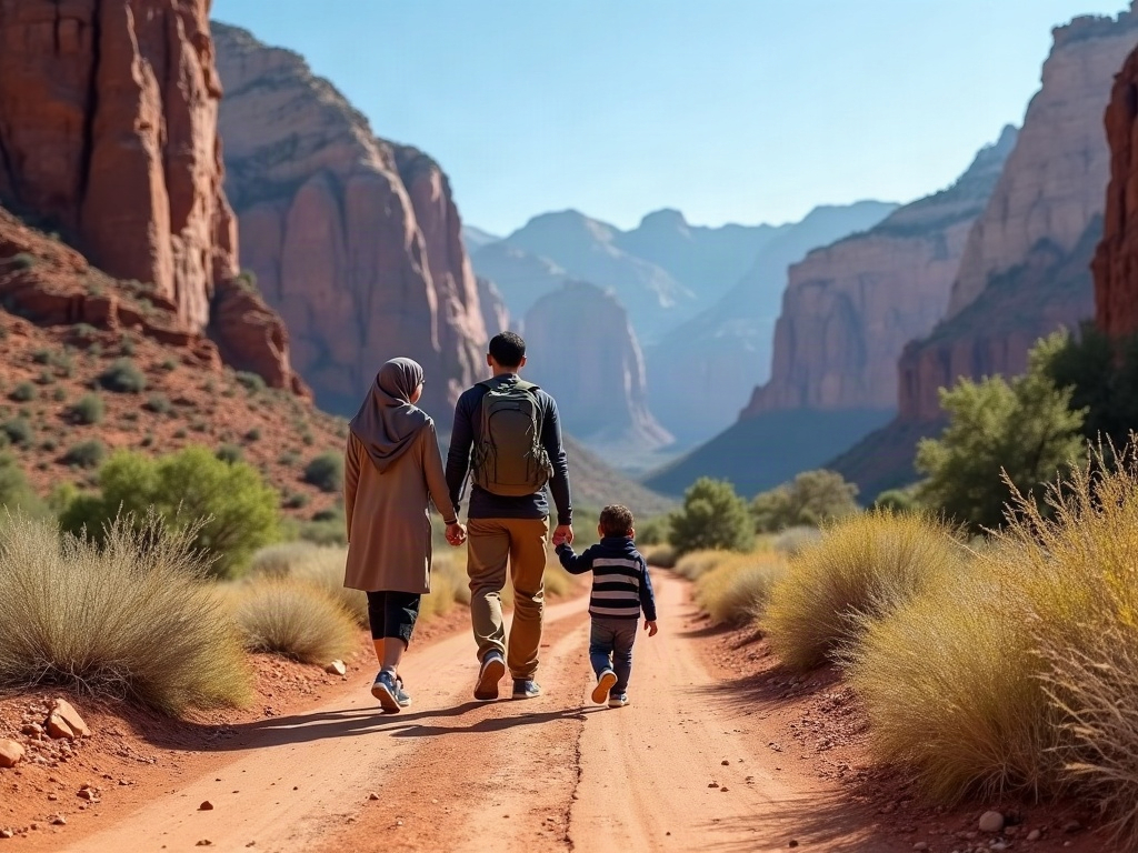 Family hiking across rugged, rocky terrain in an extreme landscape.