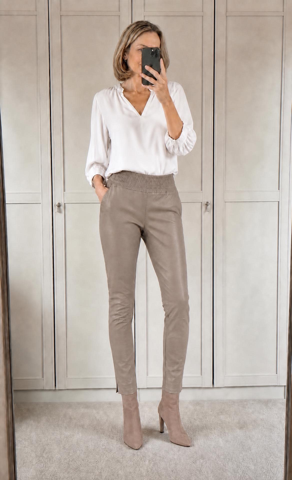 Taupe faux leather high-waisted tapered trousers
