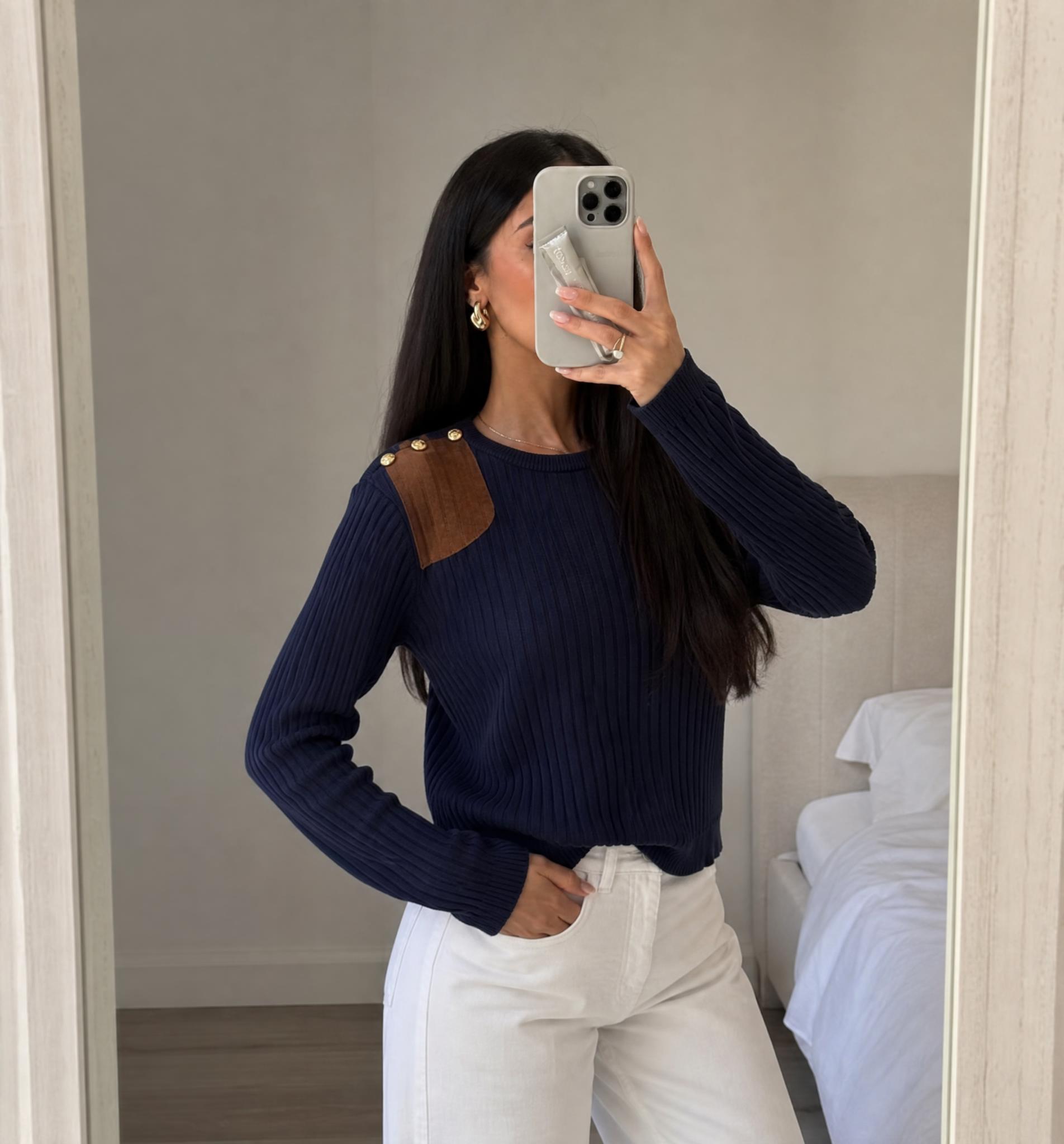 Lauren Ralph Lauren Ribbed Knit Jumper with Gold Shoulder Buttons