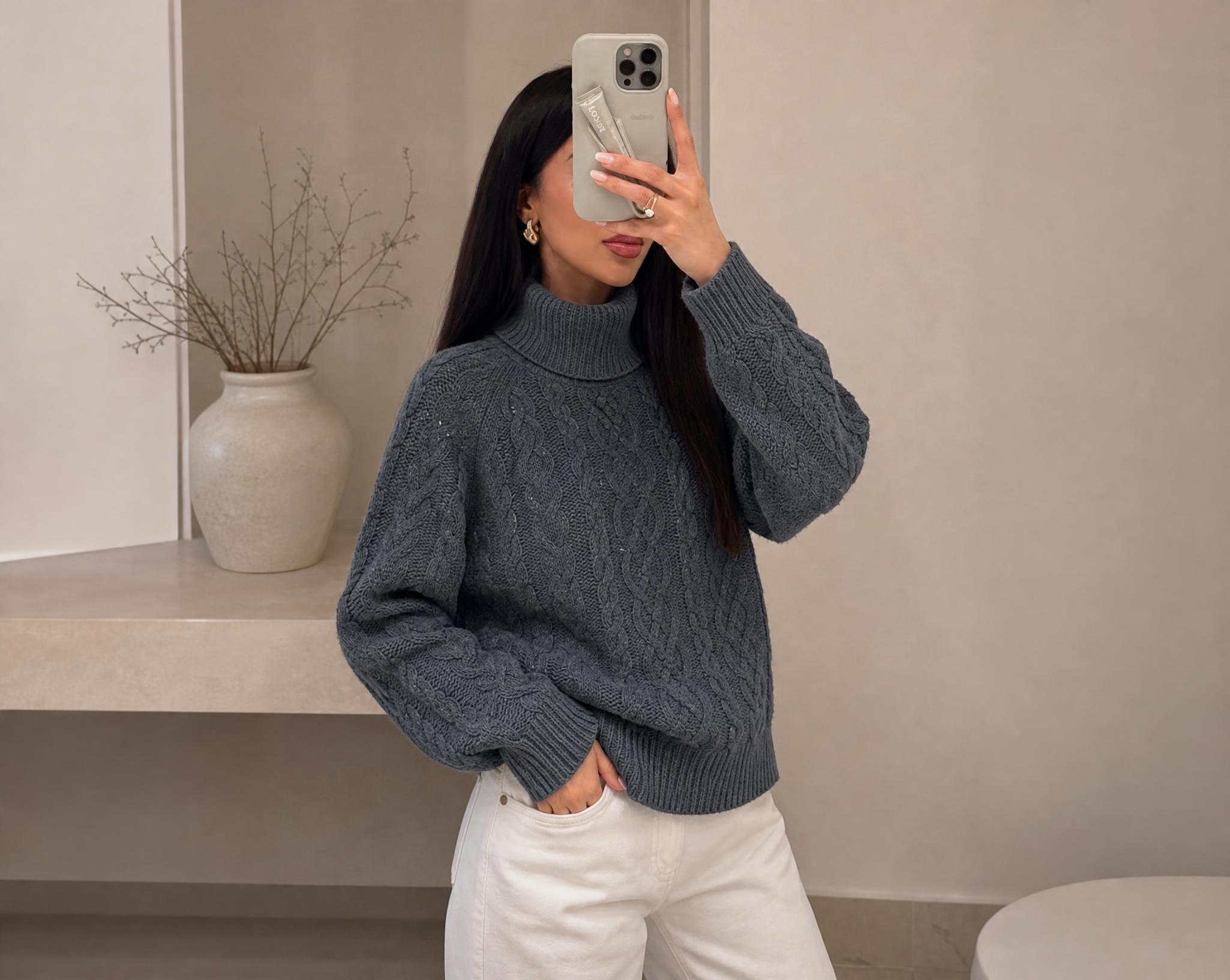 Cable Knit Roll-Neck Jumper in Dark Charcoal Blue