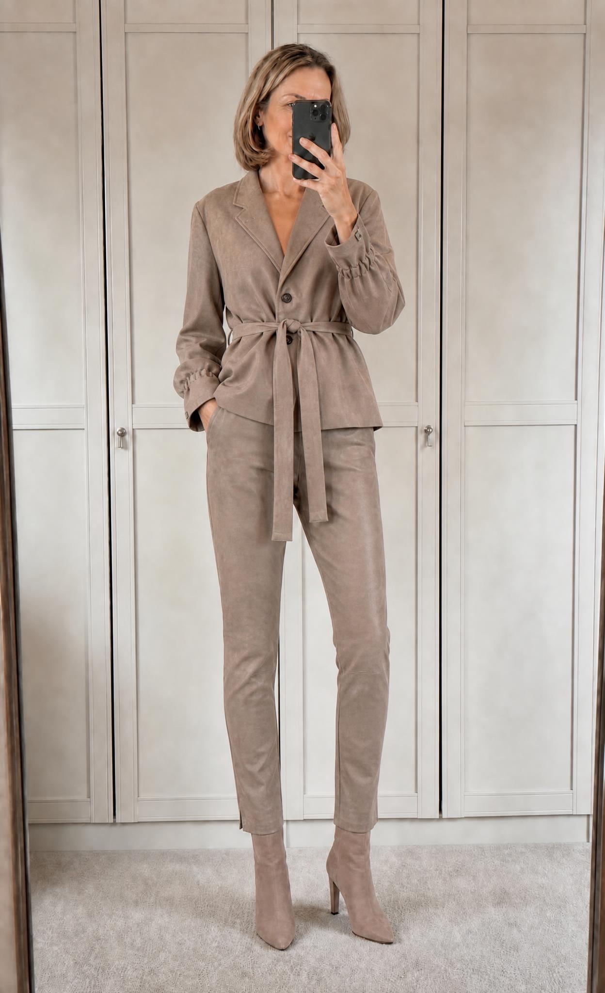 Taupe Faux Suede Belted Blazer & Trousers Co-ord Set