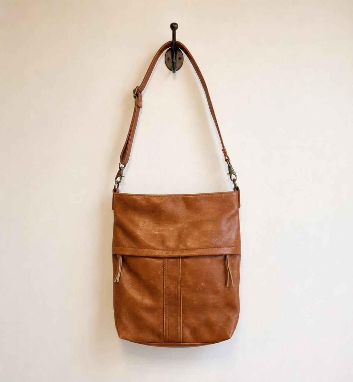 Cognac Brown Leather-Look Shoulder Bag with Long Strap