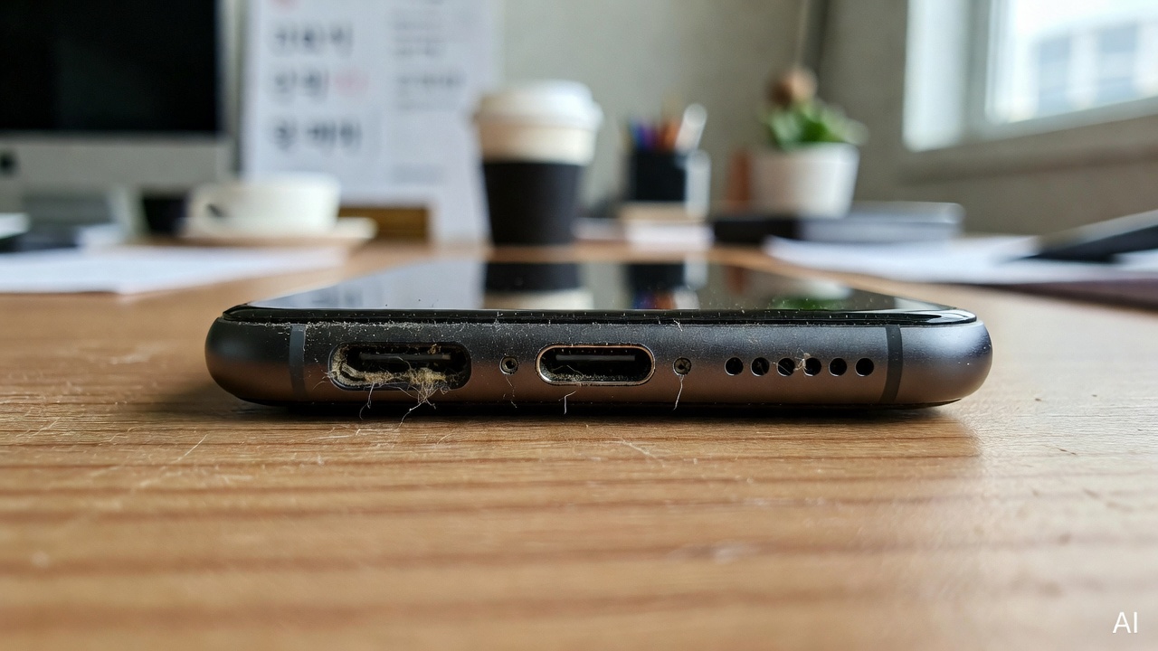 close-up of a smartphone USB-C charging port on a wooden desk, with visible dust and lint inside