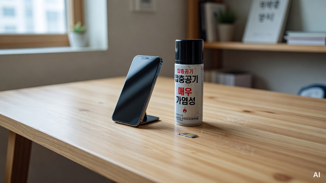 a wooden desk with a smartphone next to a can of compressed air and a SIM eject pin
