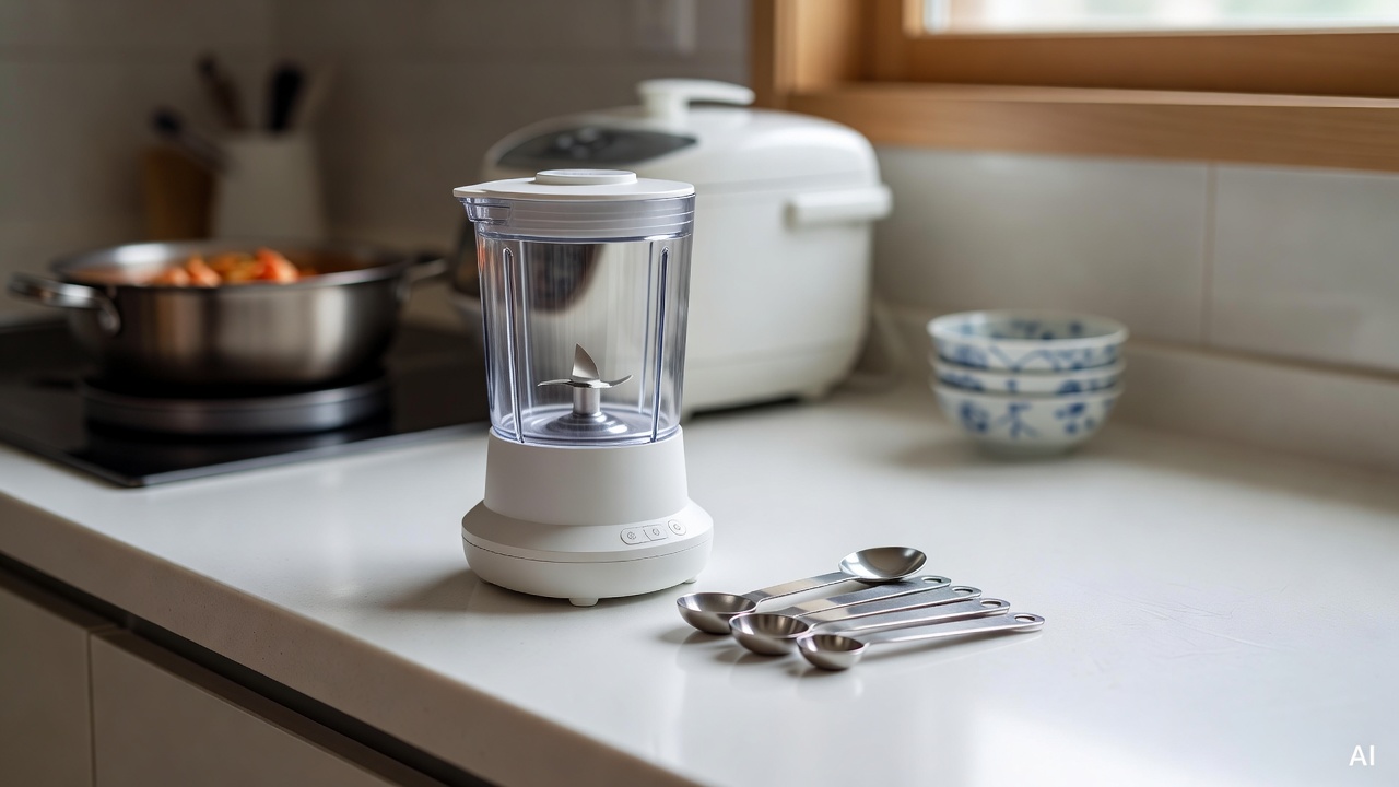 baby food preparation tools including small blender and measuring spoons on white kitchen counter